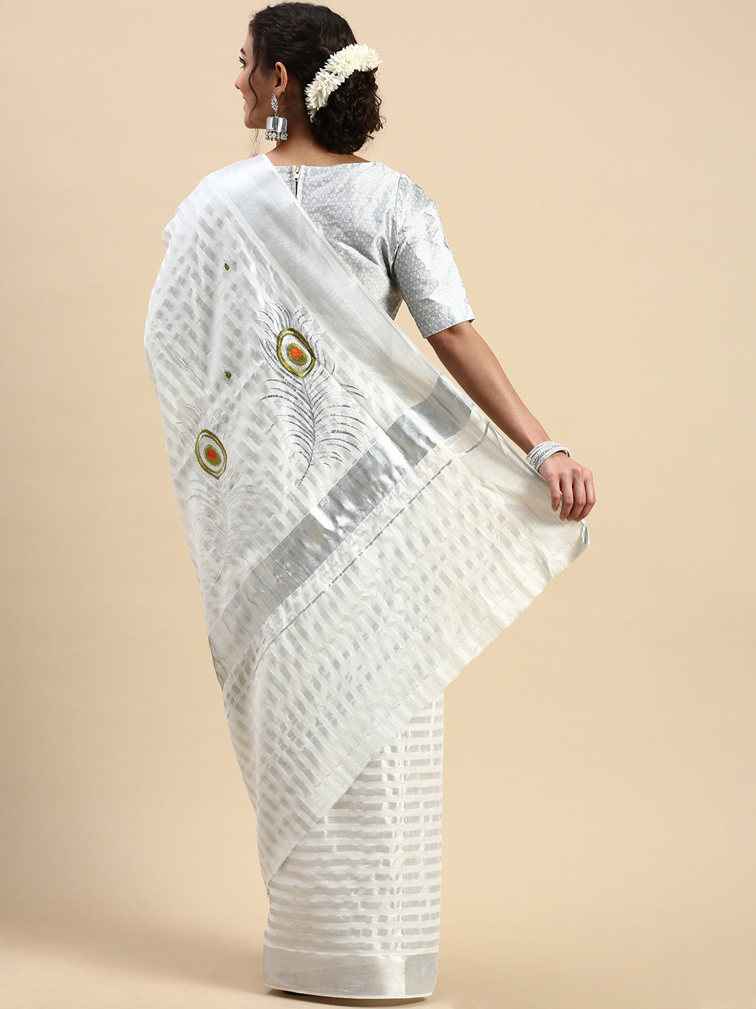 Tissue Silver Jari Shirt Dhoti Set with Saree Couple Combo OCC04-Saree back view