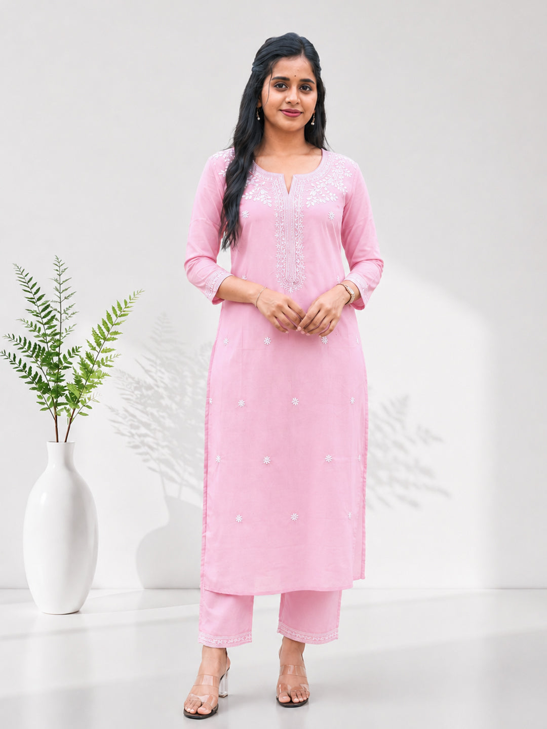 Women Cotton Embroidered Baby Pink Kurti Set EKS140