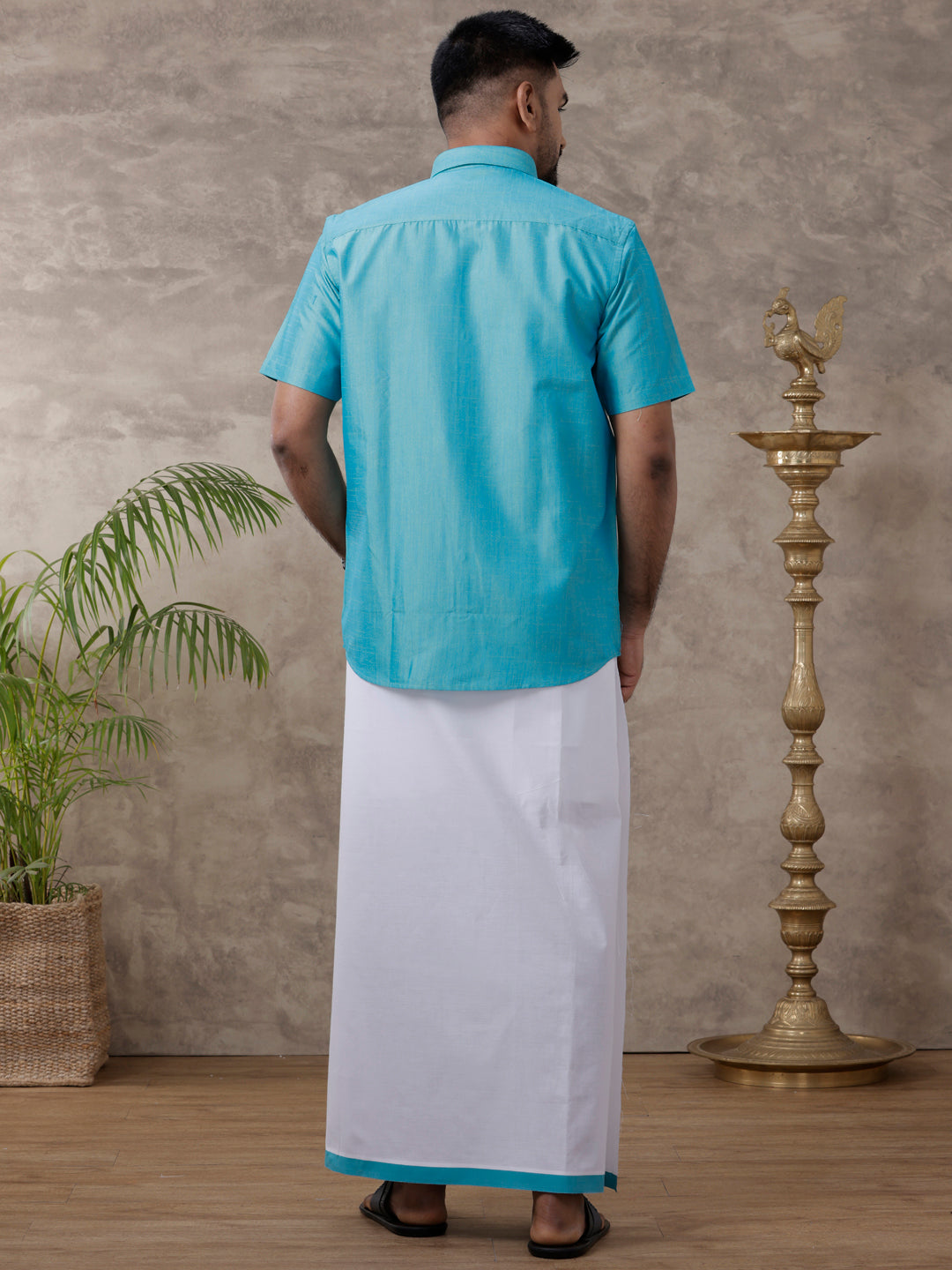 Men Matching Jari Border Dhoti & Half Sleeves Shirt Set Blue VB8