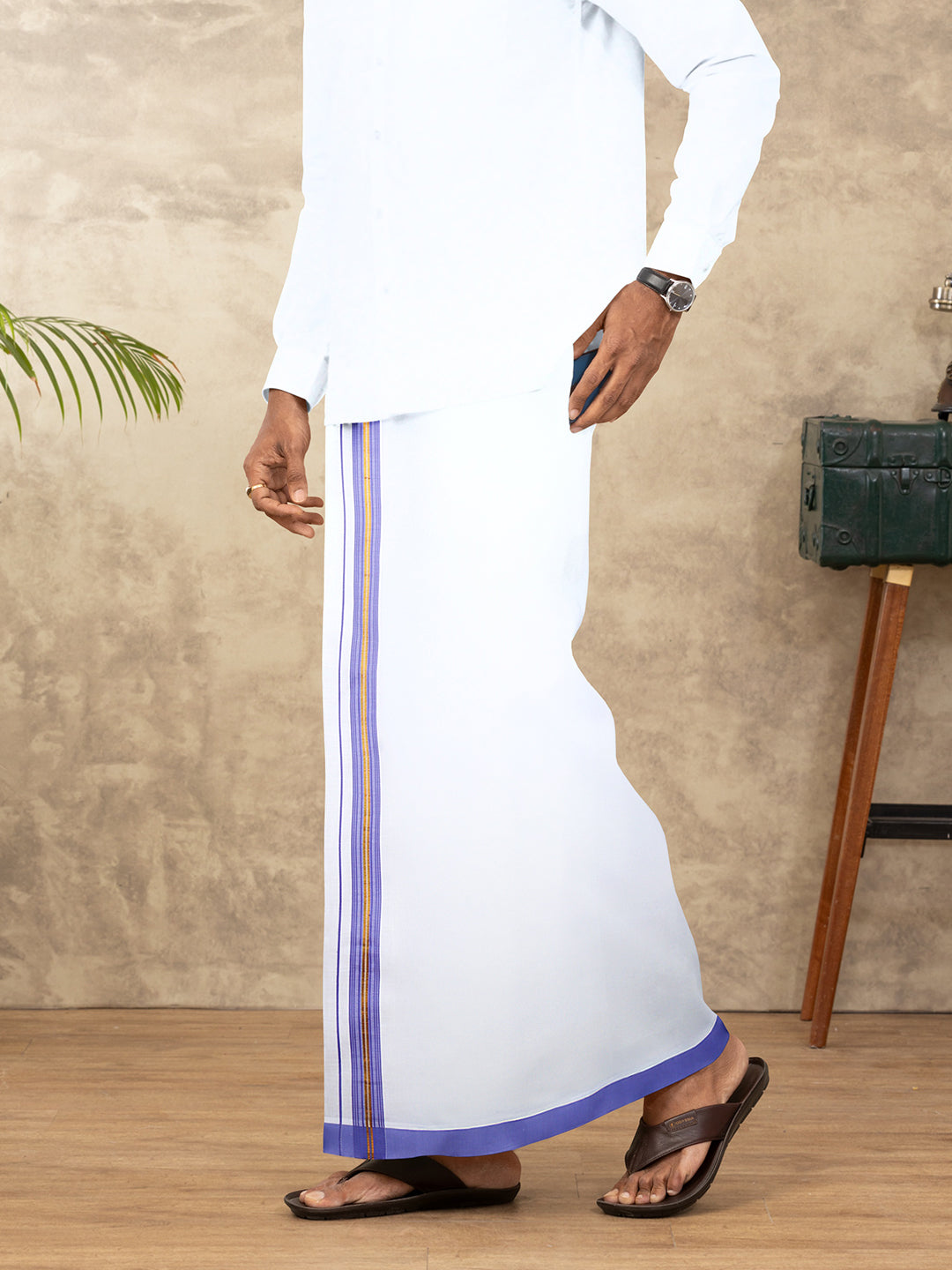 Men Cotton Blend Readymade Single Layer White Dhoti with Fancy Jari Border GACJ47