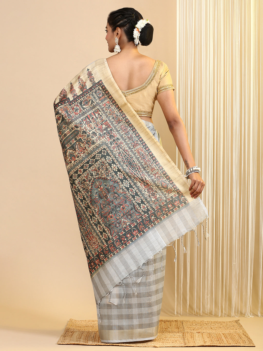 Womens Semi Tussar Printed Saree Grey ST186