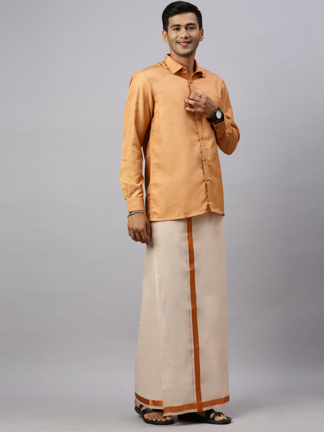 Mens Rich Cotton Copper Colour Full Sleeves Shirt with  Matching Jari Border Tissue Dhoti Set Glossy
