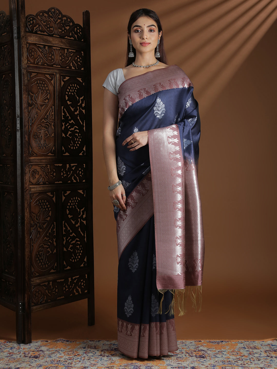 Women Semi Tussar Weaving Navy Saree ST317