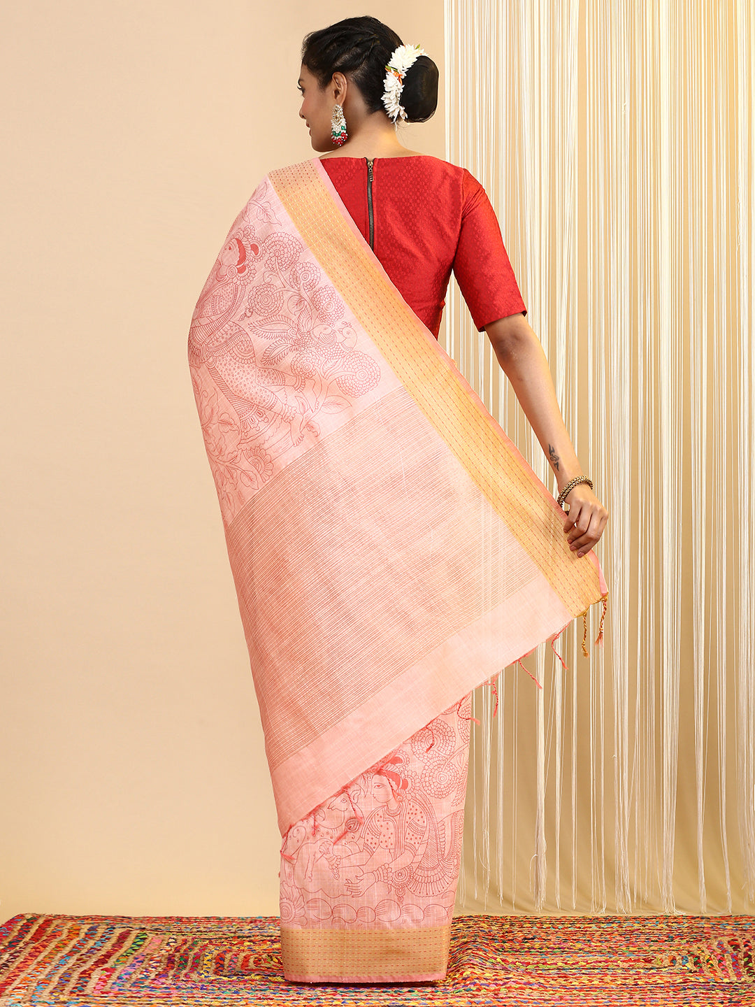 Women Semi Tussar Printed Saree Pink ST179