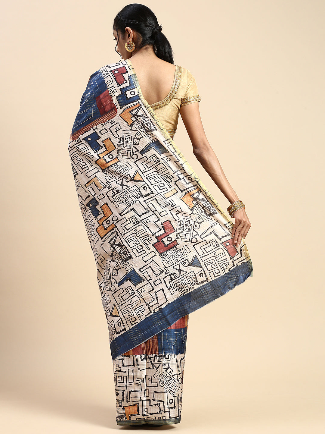 Women Semi Tussar Printed Saree Sandal & Brown STP21-Back view