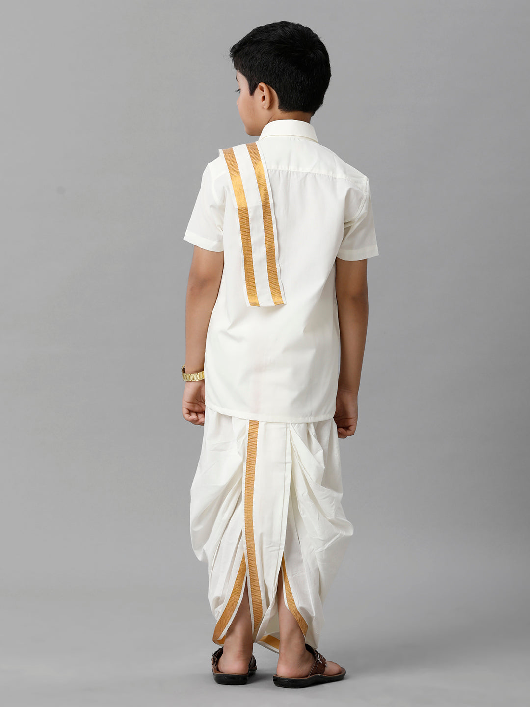 Boys Cotton Cream Half Sleeves Shirt Panchakacham Towel Combo-Back view