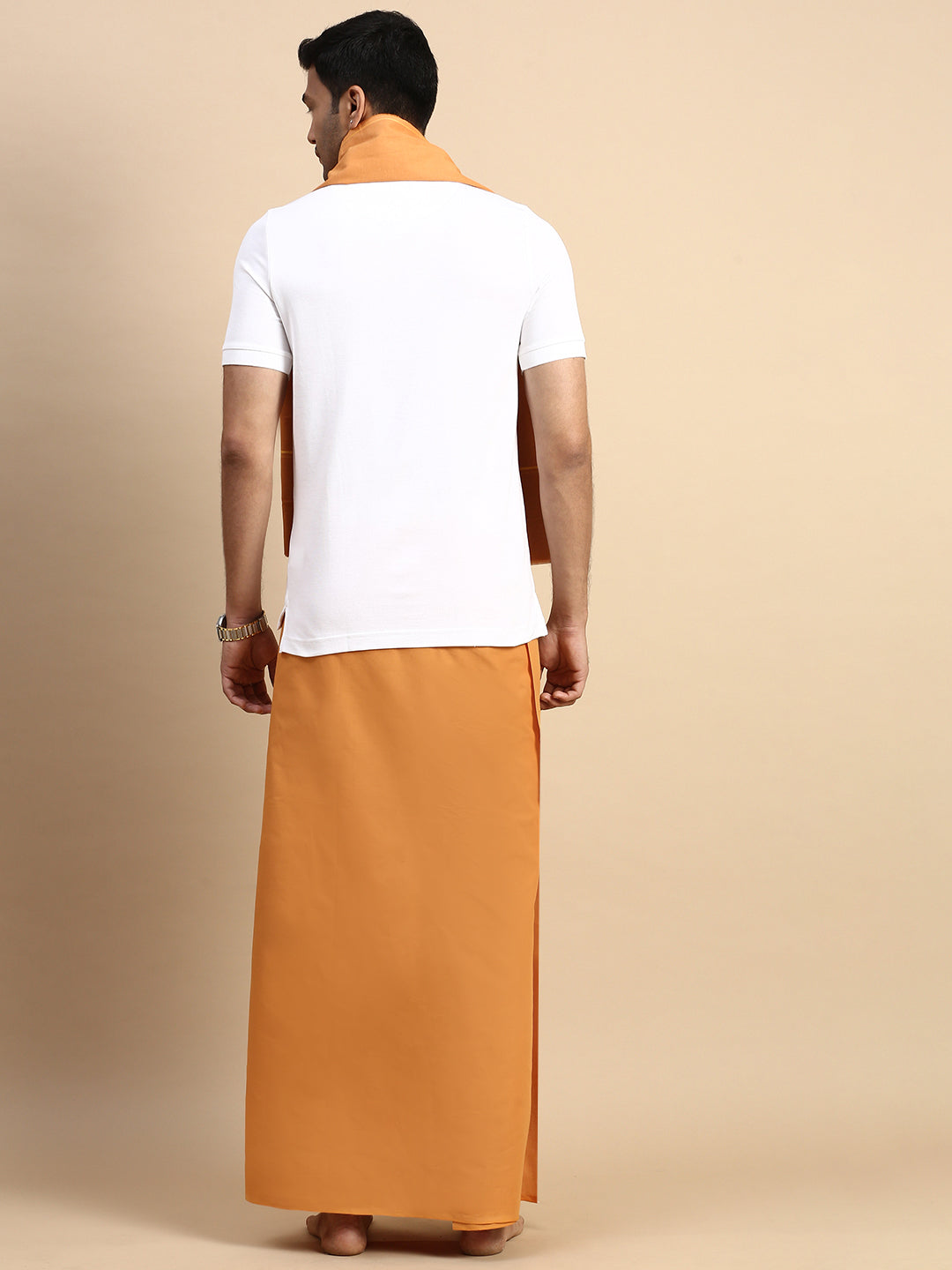 Men Devotional Small Border Dhoti with Towel & TShirt Set Kaavi EP1