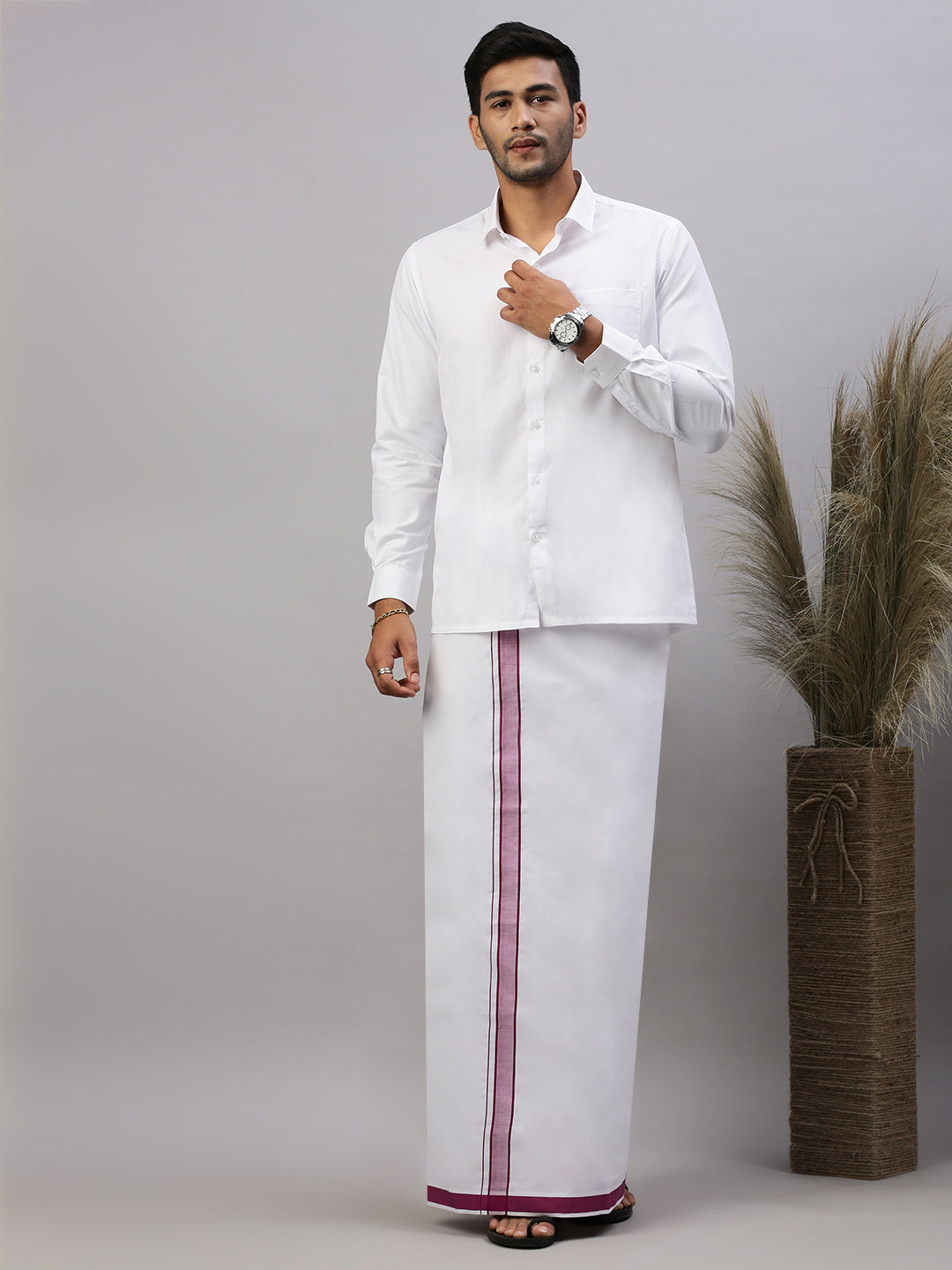 Mens White Shirt with Purple Fancy Border Dhoti Combo WP18