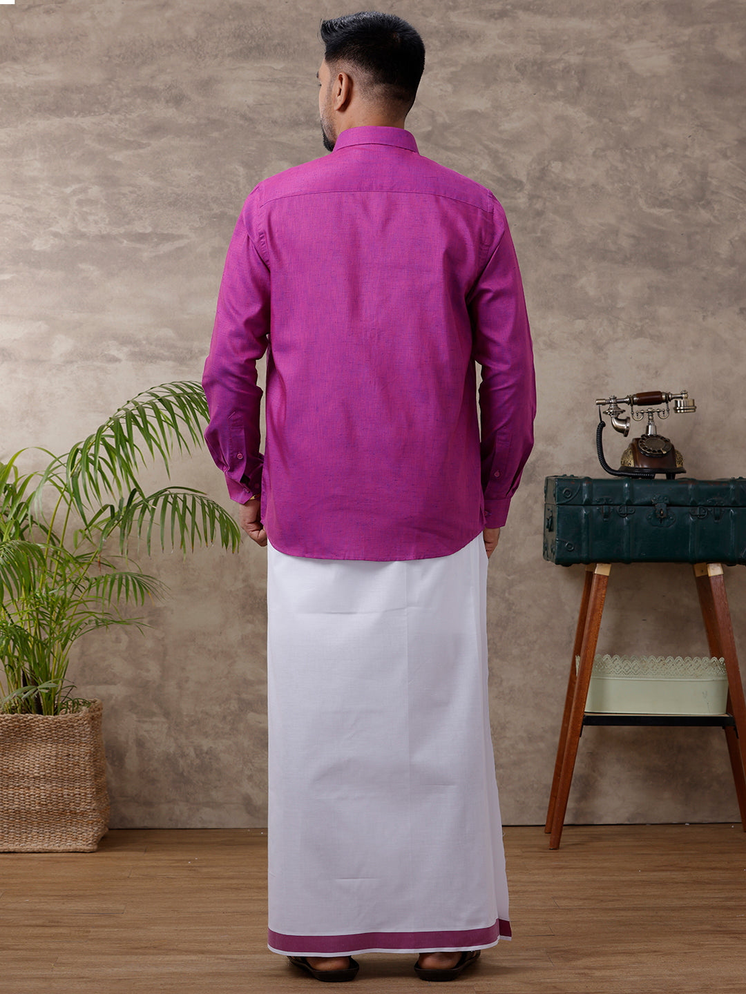 Mens Matching Border Dhoti & Shirt Set Full Mejanda C49