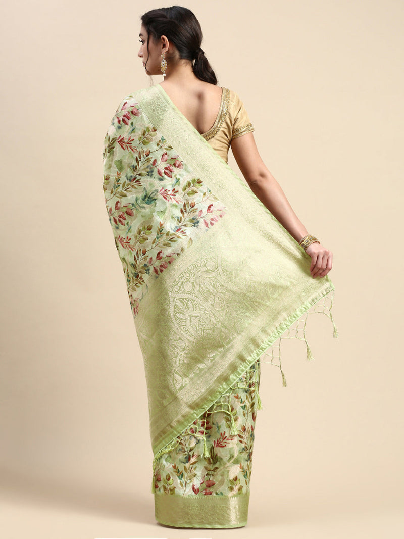 Womens Dola Silk Light Green & Sandal Flower Digital Print with Jari Border Sarees DS07