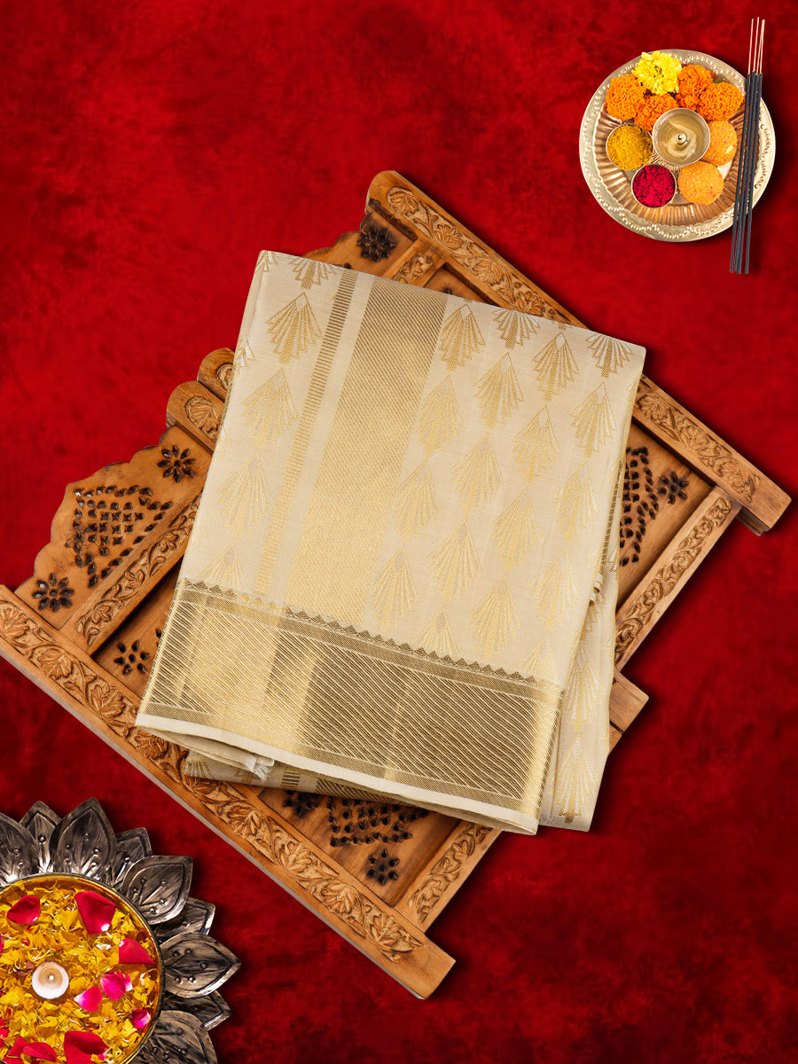 Mens Pure Silk Fawn 4" Gold Jari Border Dhoti with Towel Amirtham-View one