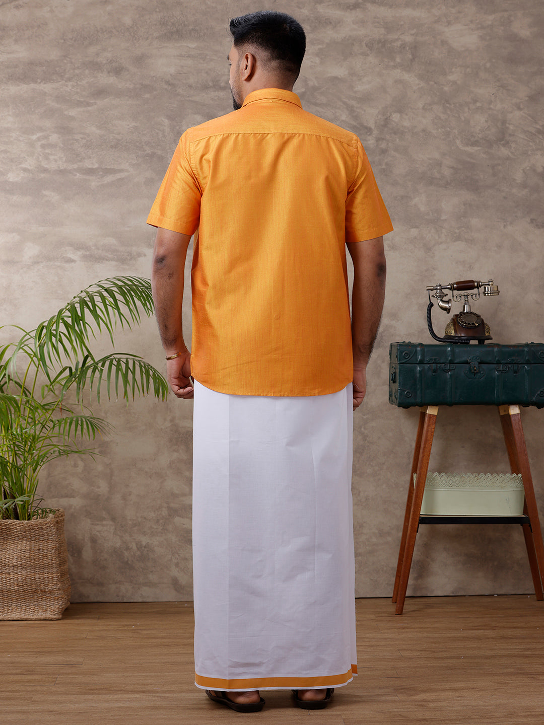 Mens Matching Jari Border Dhoti & Shirt Set Half Yellow VB2