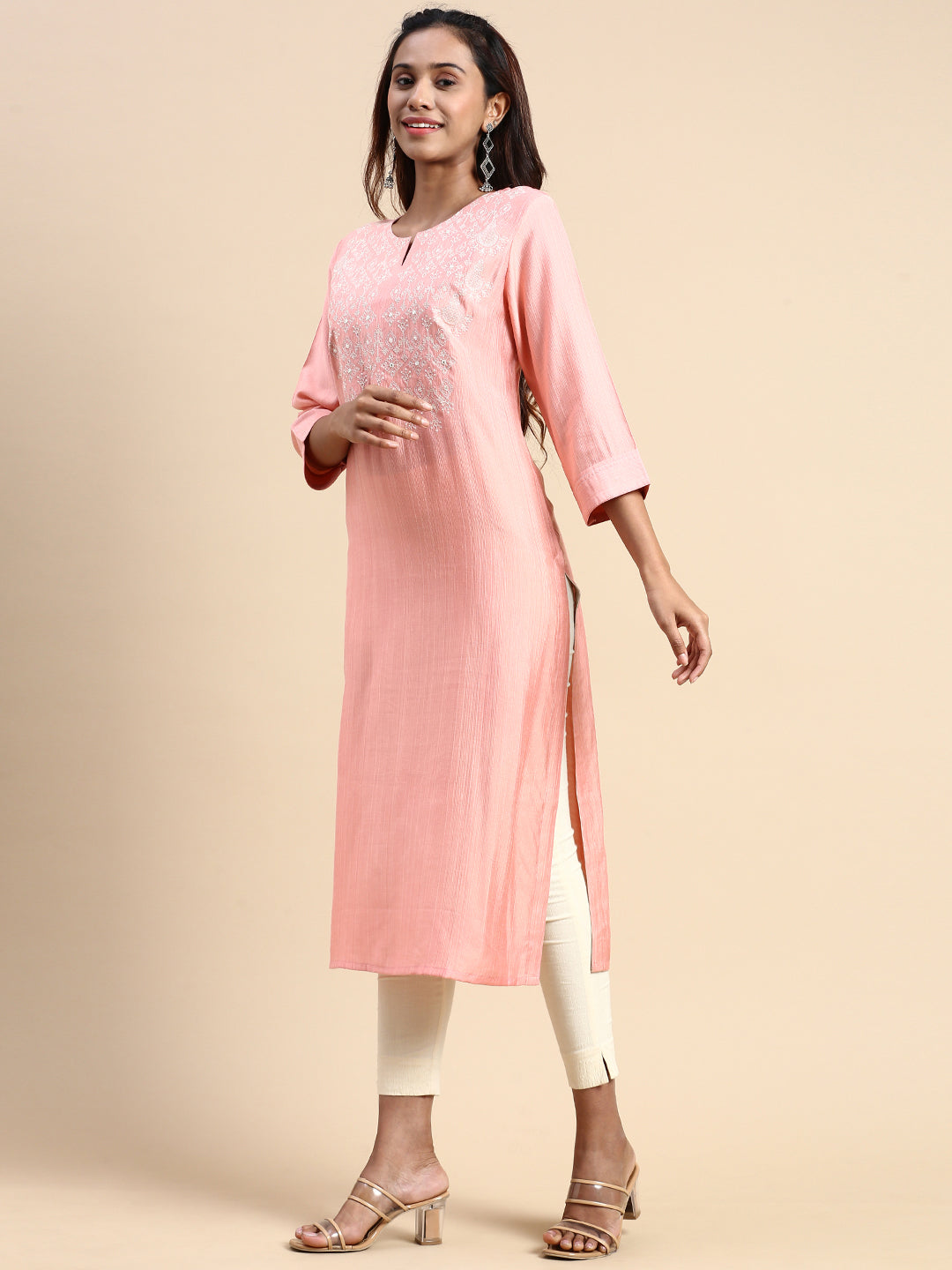 Women Cotton Embroidered Round Neck Straight Cut Pink Kurti EK35-Side view