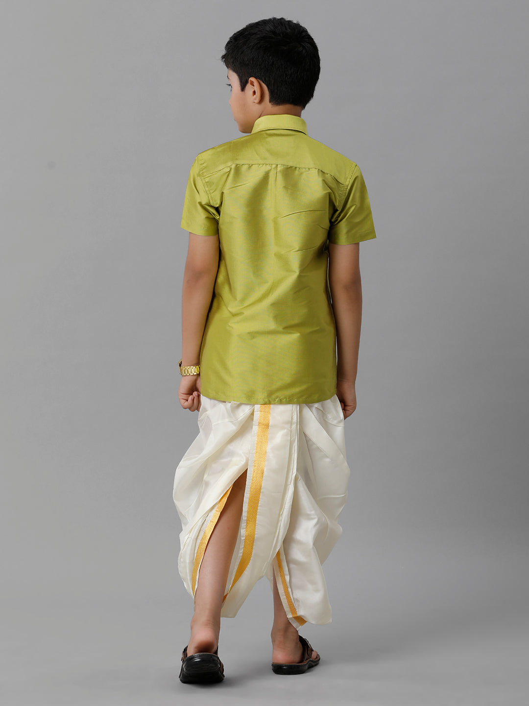 Boys Silk Cotton Lemon Green Half Sleeves Shirt with Soft Silk Panchakacham Combo K44-Back view