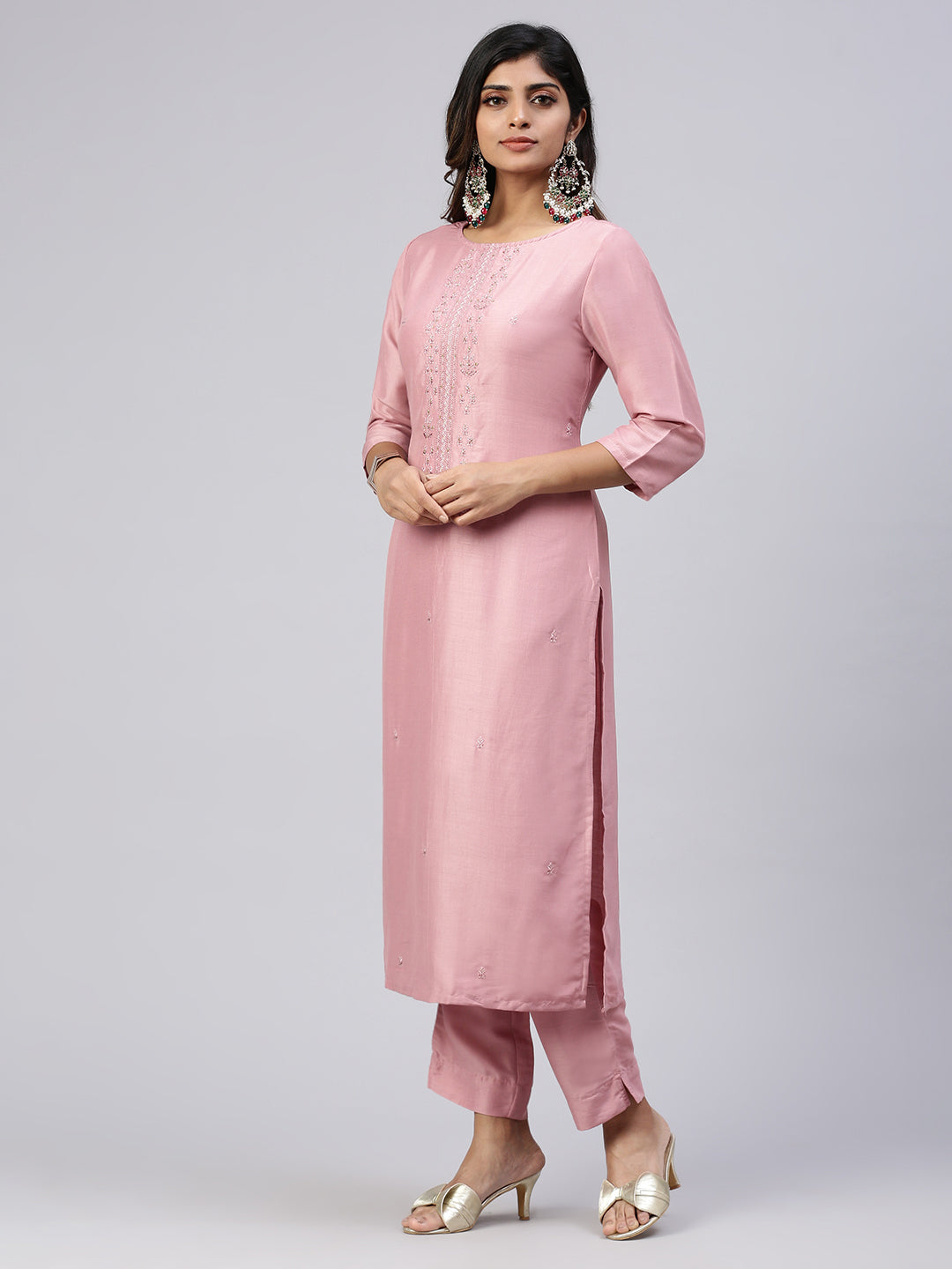 Women Cotton Embroidered Kurti Sets Pink EKS30