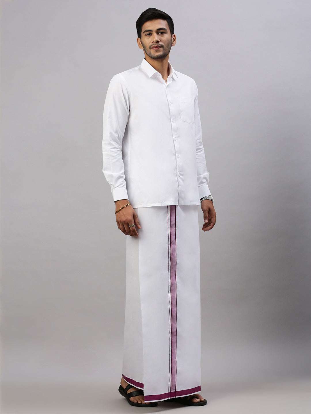 Mens Prestigious Look Cotton Single Dhoti with Purple Fancy Border - Winner Plain