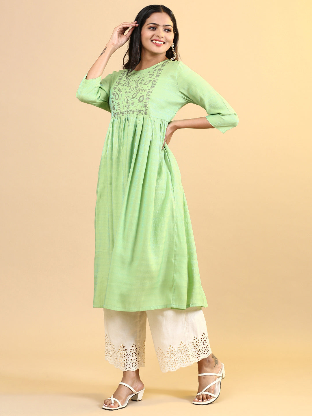 Women Cotton Embroidered Round Neck Kurti Parrot Green EKS12