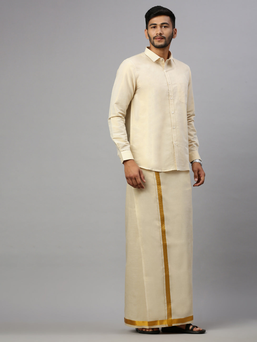 Couple Combo Shirt & Dhoti Set with Saree Gold
