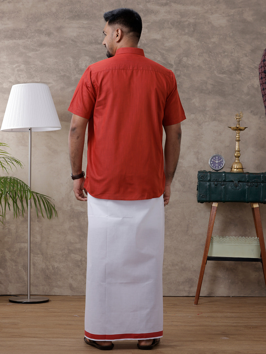 Men Red Matching Border Dhoti & Half Sleeves Shirt Set Evolution IC5