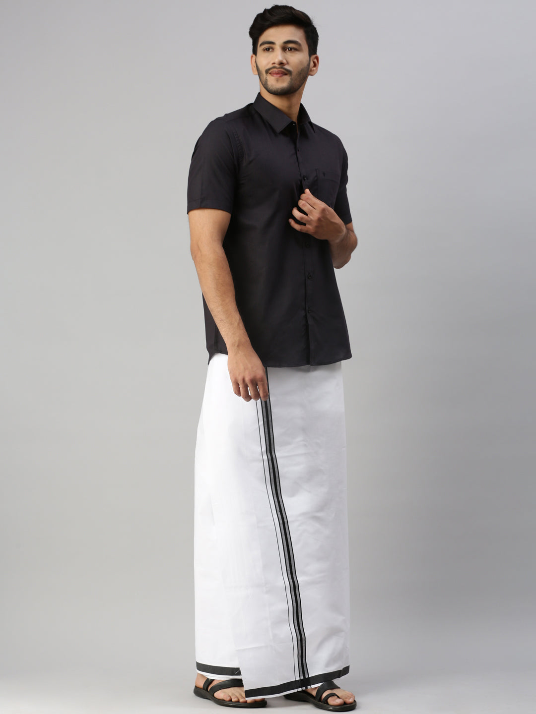 Mens Black Matching Border Dhoti & Half Sleeves Shirt Set Evolution IC10-Side view