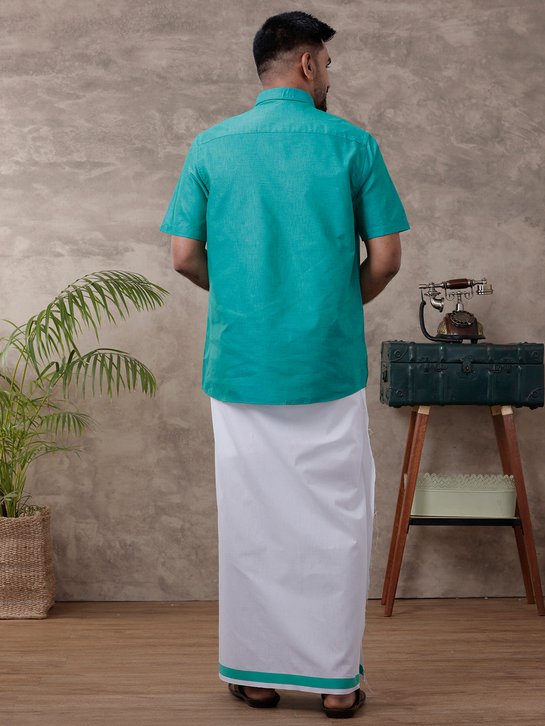 Mens Matching Border Dhoti & Shirt Set Half Green C36