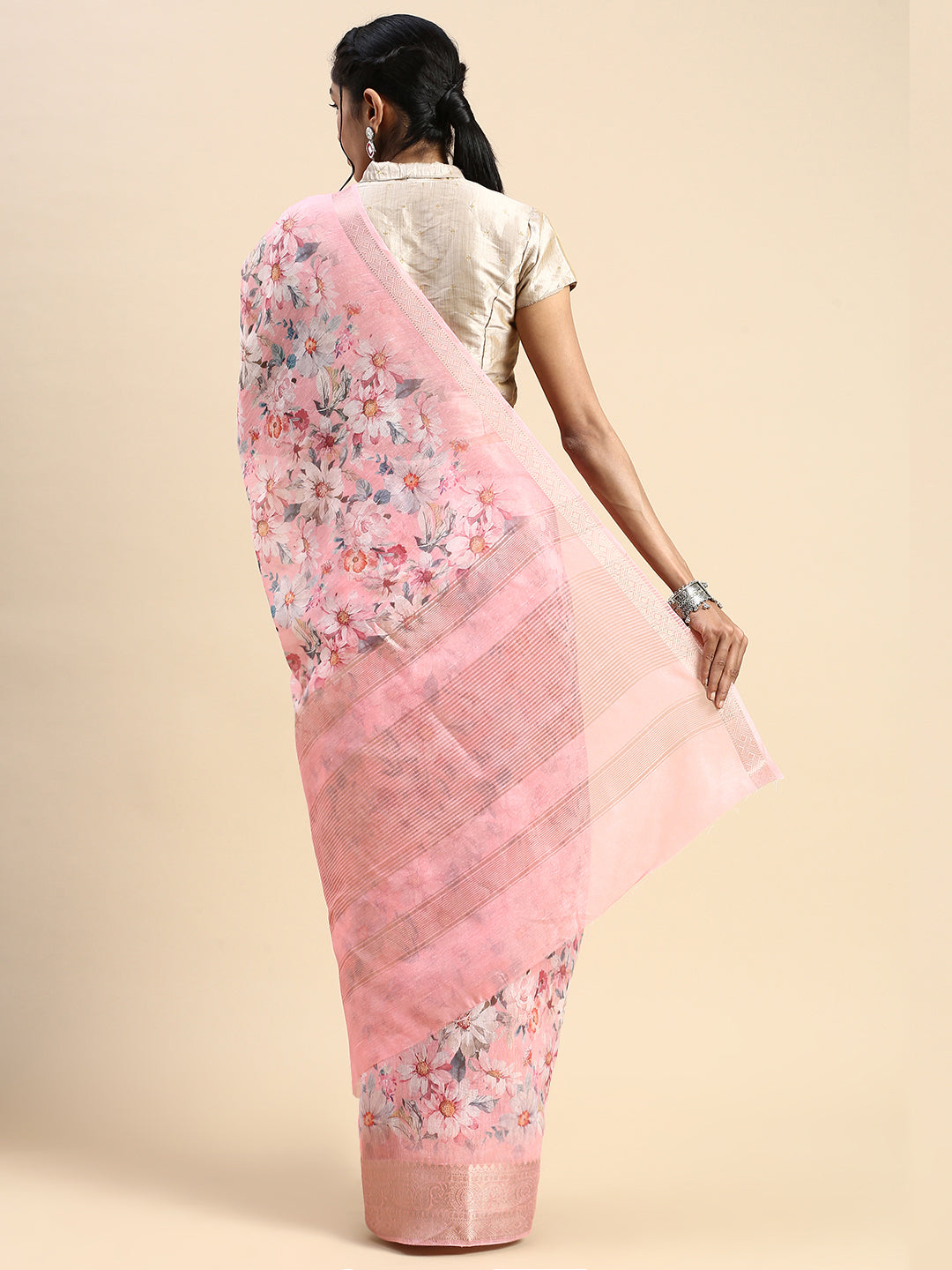 Semi Linen Flower Print Light Pink Colour Semi Linen Saree SL75-Back view