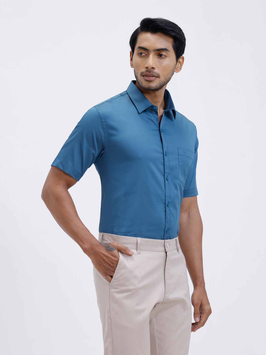 Men Cotton Blend Shirt Peacock Blue T53 ACT3