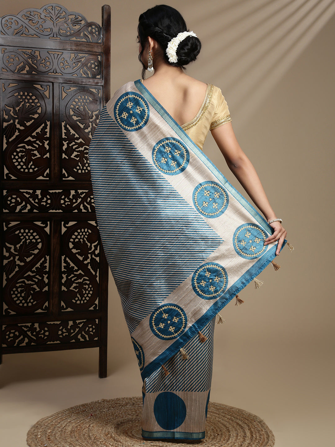 Women Blue with Brown Semi Raw Silk Embroidered Saree SRS113