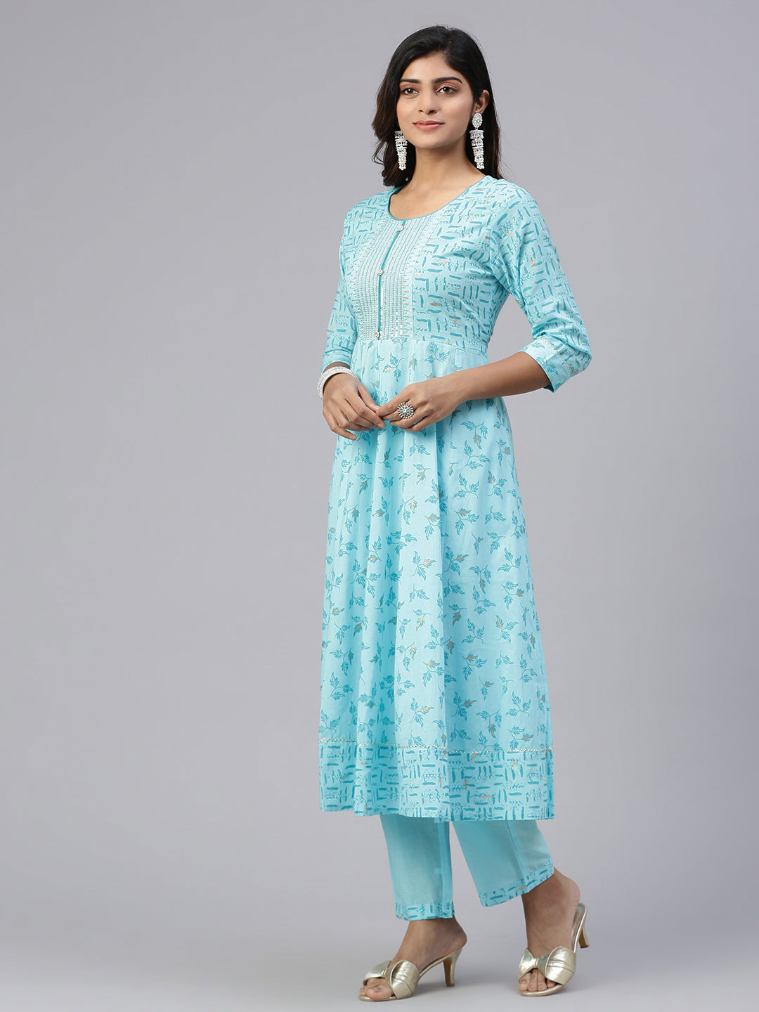 Women Embroidered & Printed Kurti Sets SkyBlue EKS22