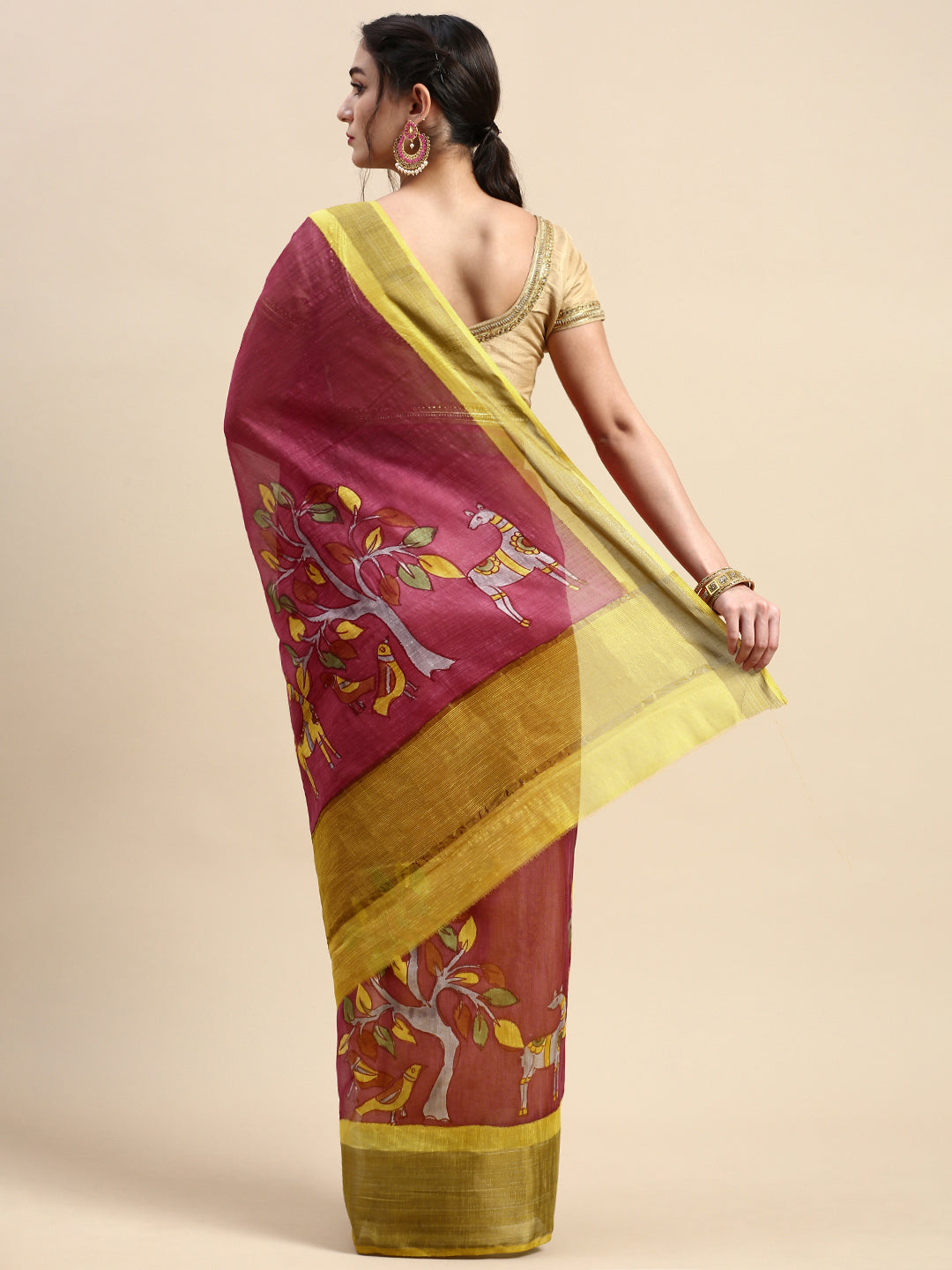 Matching Dhoti Shirt & Semi Linen Saree Couple Combo Purple-Saree Back view