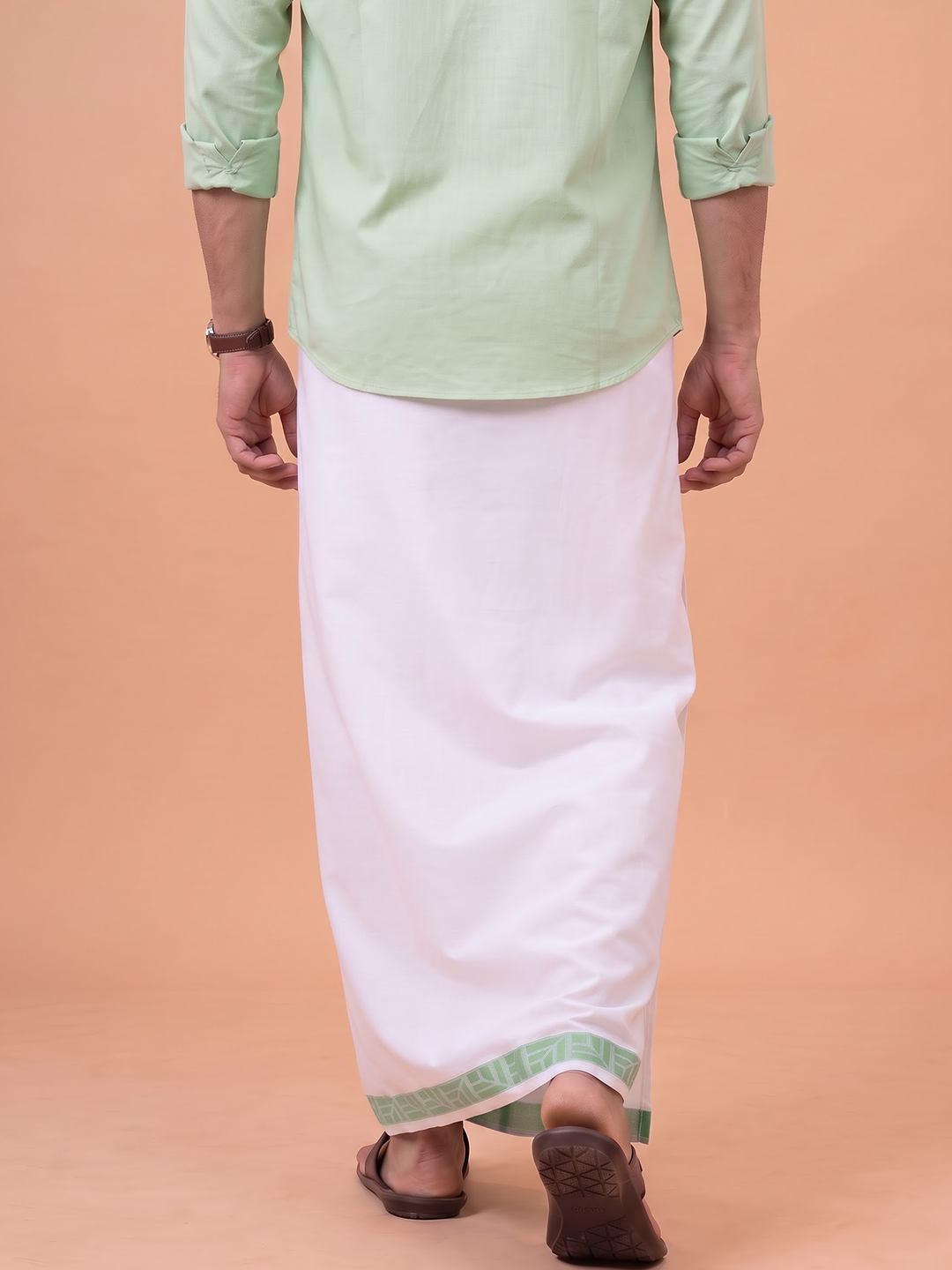 Single Layer Cotton Blend White Dhoti With Green Jacquard Design Border ELC02