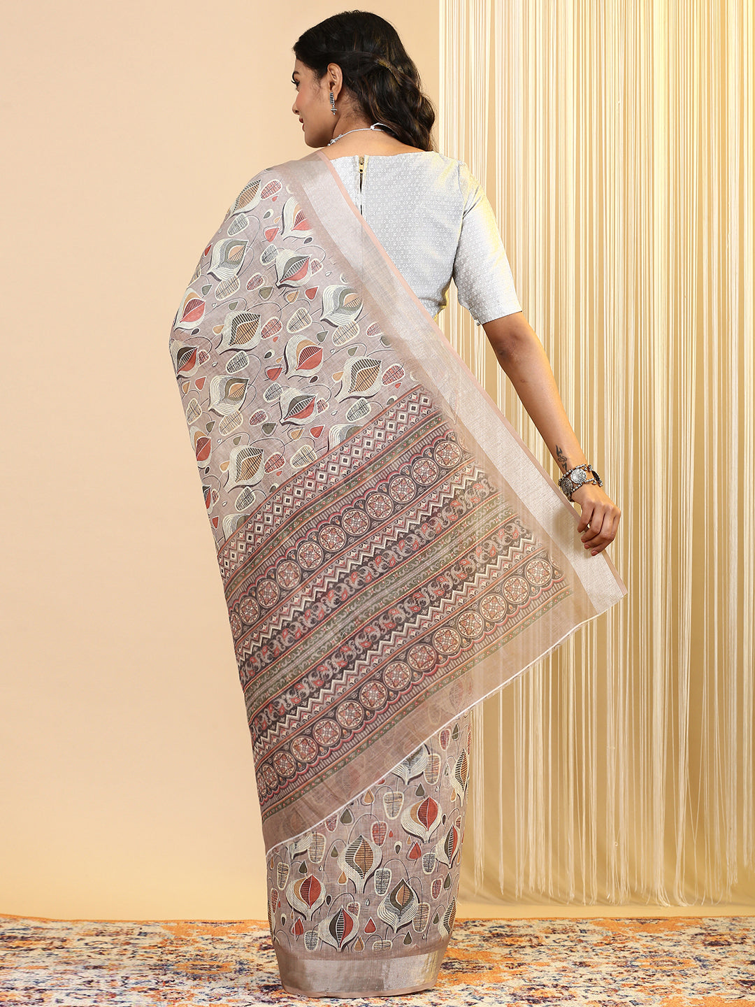 Women Semi Linen Printed Saree Brown SL158