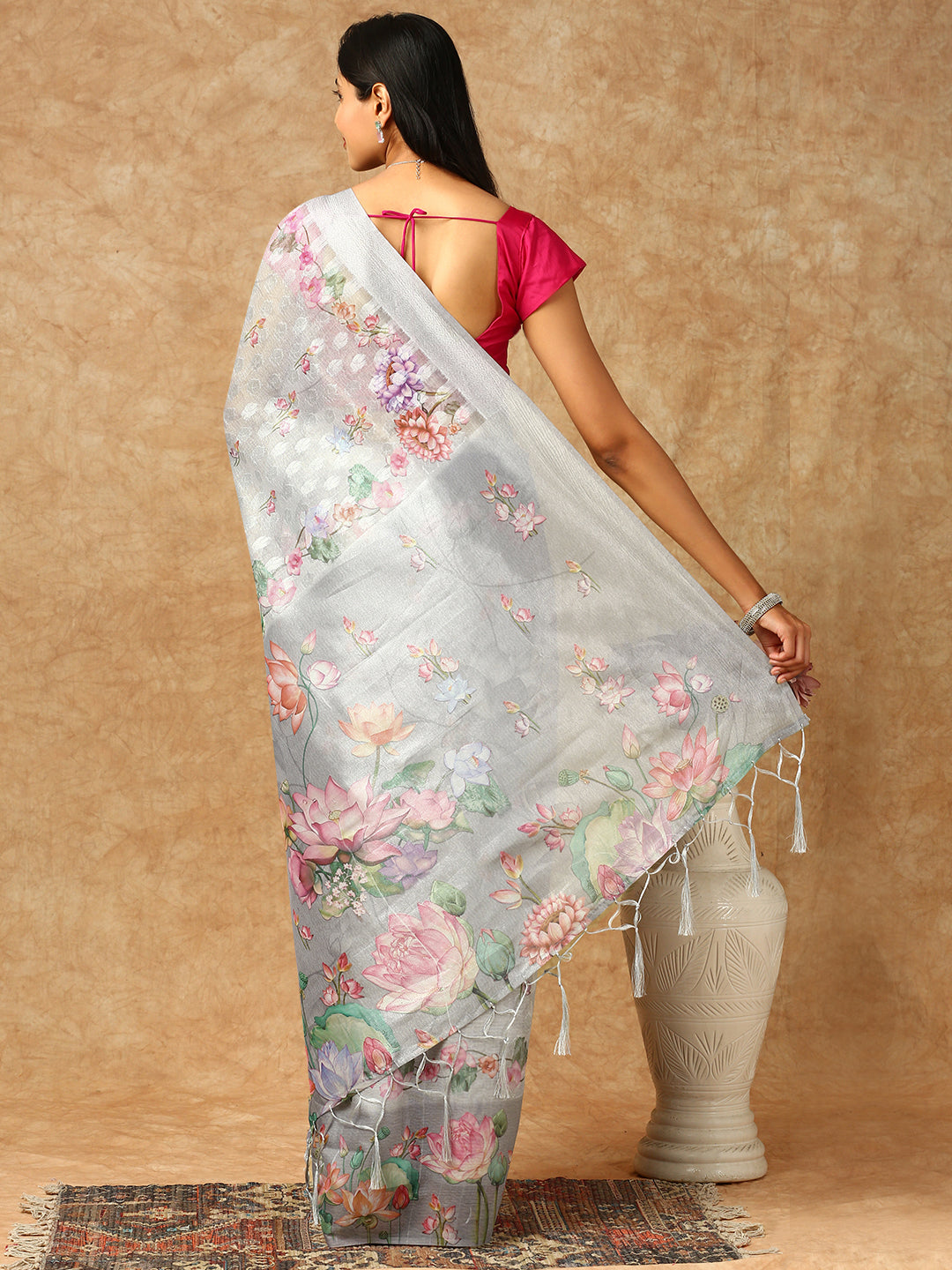 Women Tissue Printed Semi Silk Saree Grey SS314