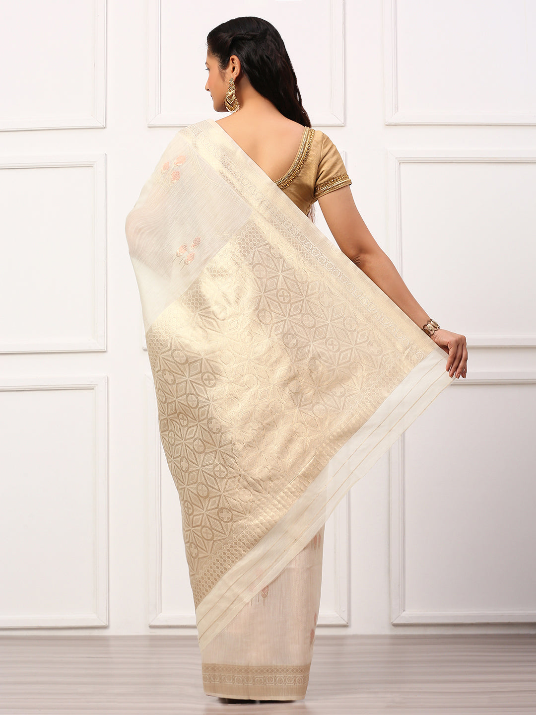 Women Semi Linen Weaving Saree White SL141