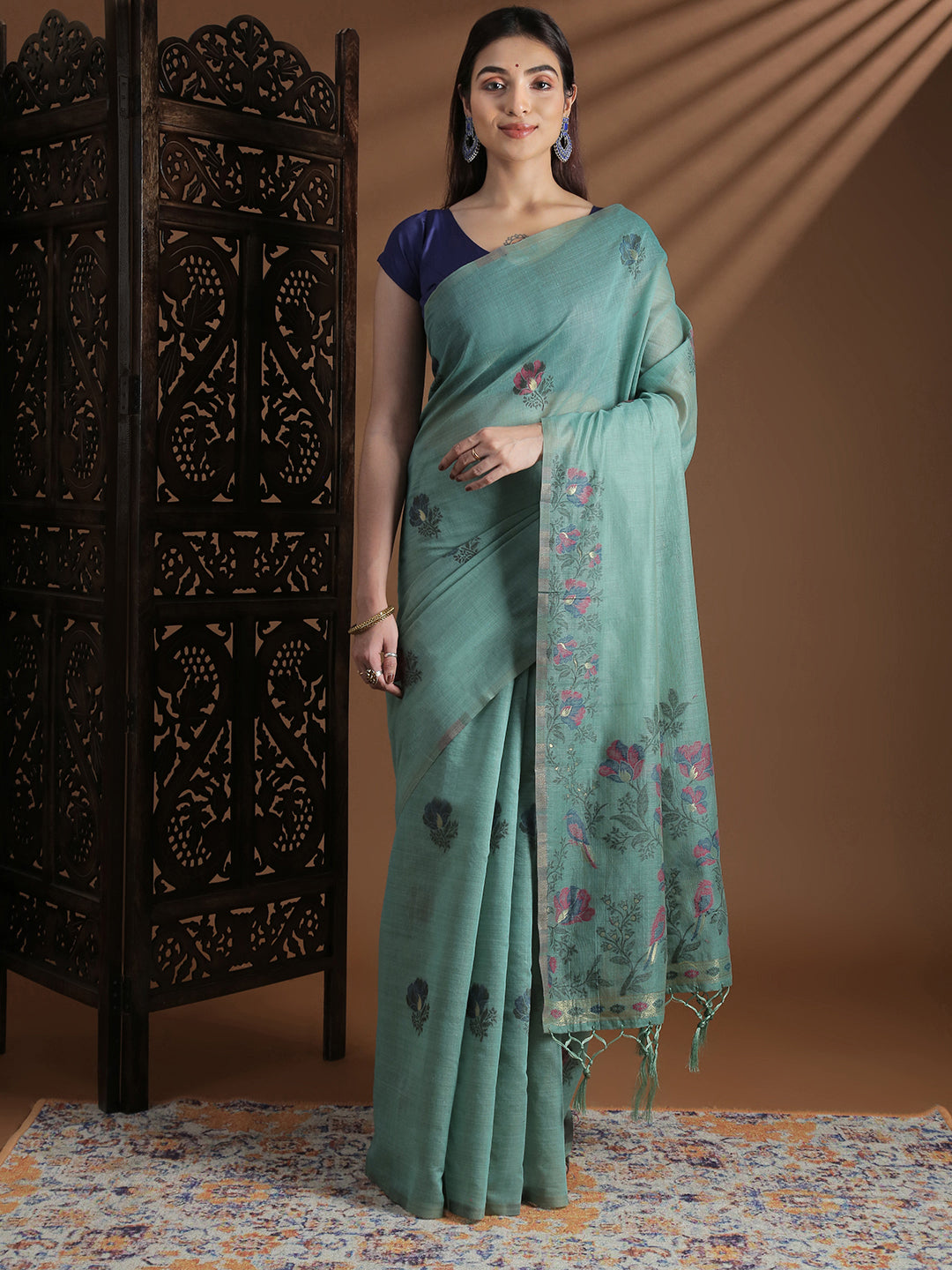 Women Pine Green Cotton Weaving Saree PCS252