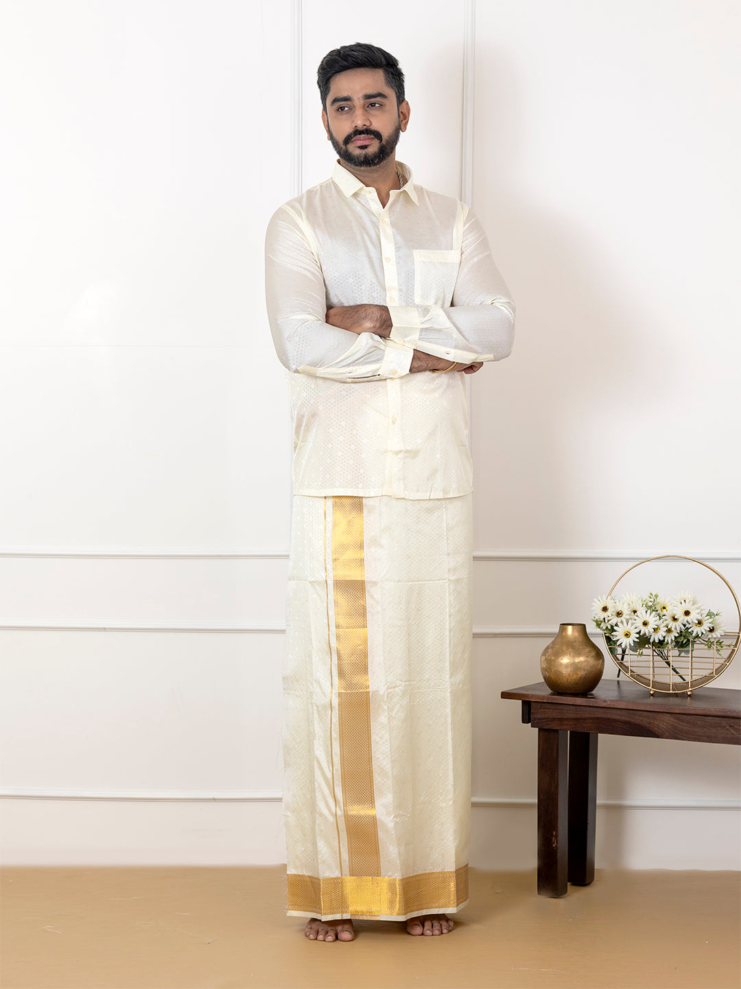 Men Art Silk Cream Self Design Shirt & Dhoti Towel Set Parinayam Grand CRJD3