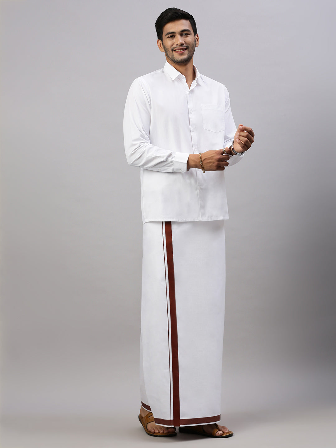 Mens White Shirt with Single Dhoti Brown Combo WS01