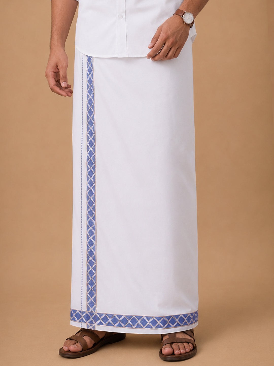 Men Premium Cotton Double Layer White Dhoti with Fancy Jari Border LC28