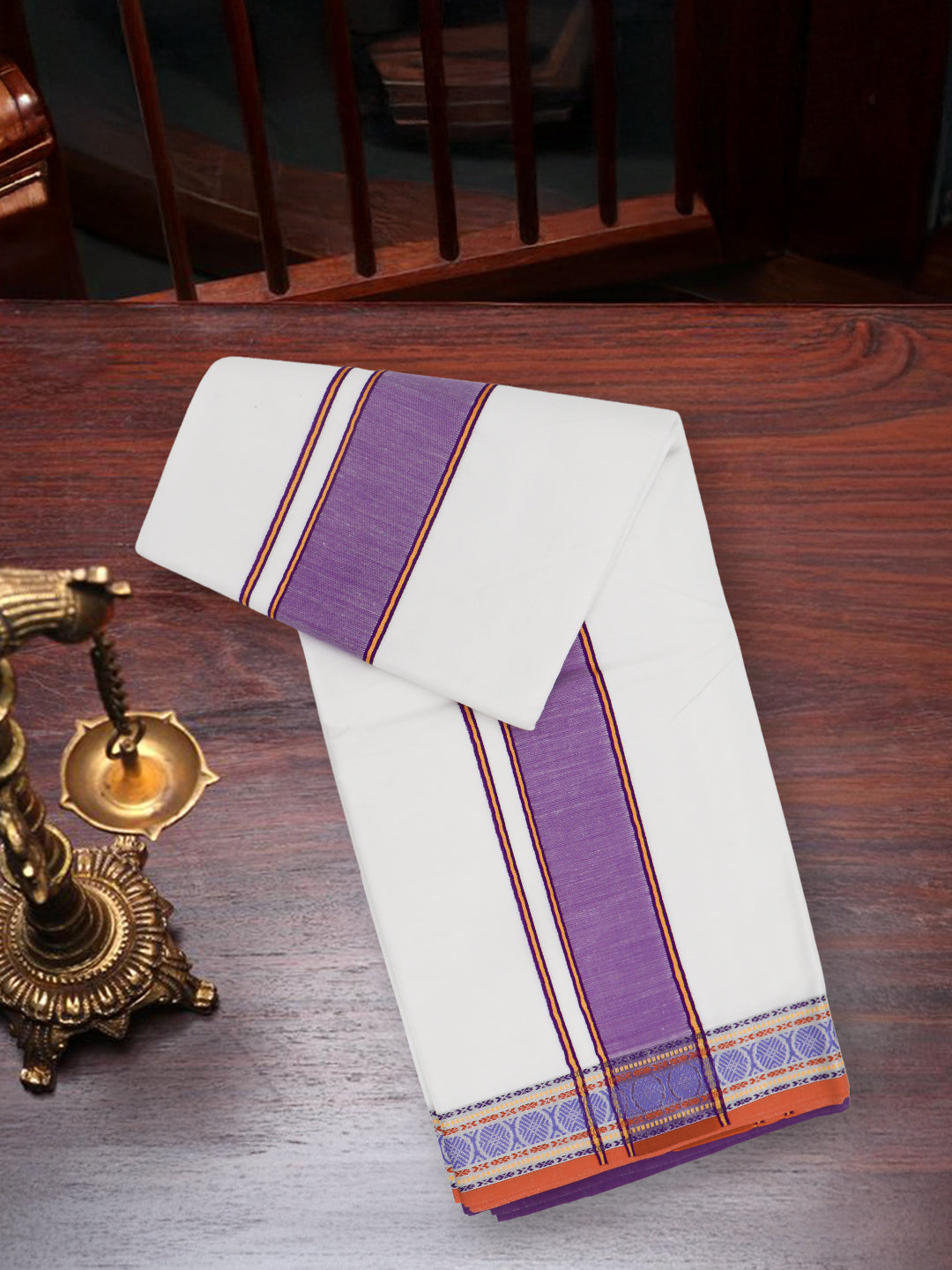 Men Cotton Violet Fancy Border Panchakacham with Angavasthram Keerthisena (9+5) KS05