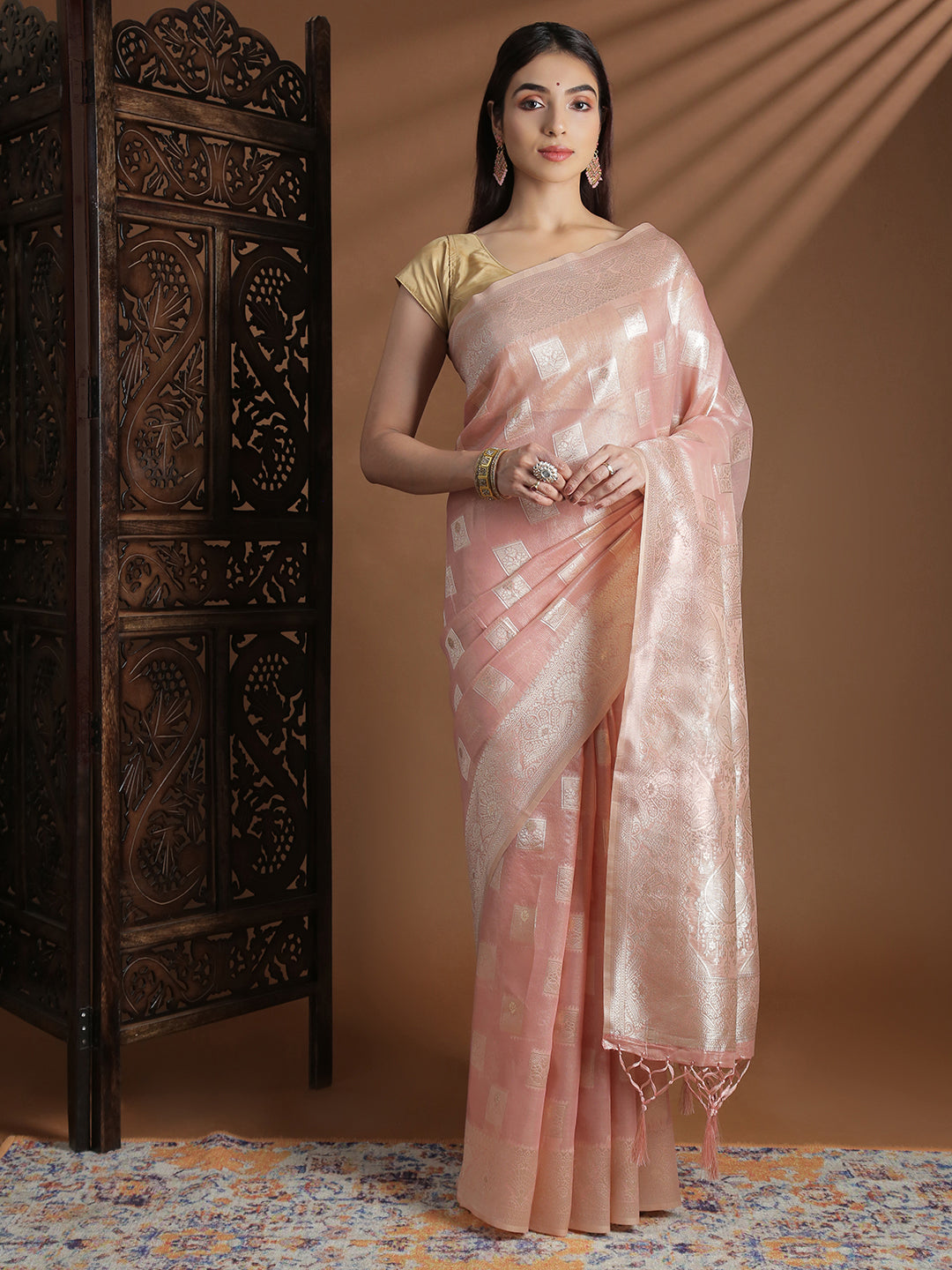 Women Baby Pink Cotton Weaving Saree PCS262