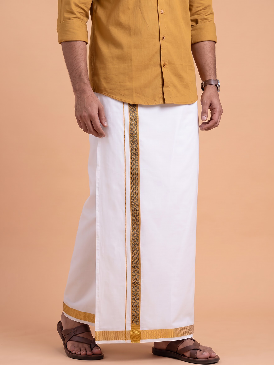 Single Layer Cotton Blend White Dhoti with Fancy Jari Border - GP07