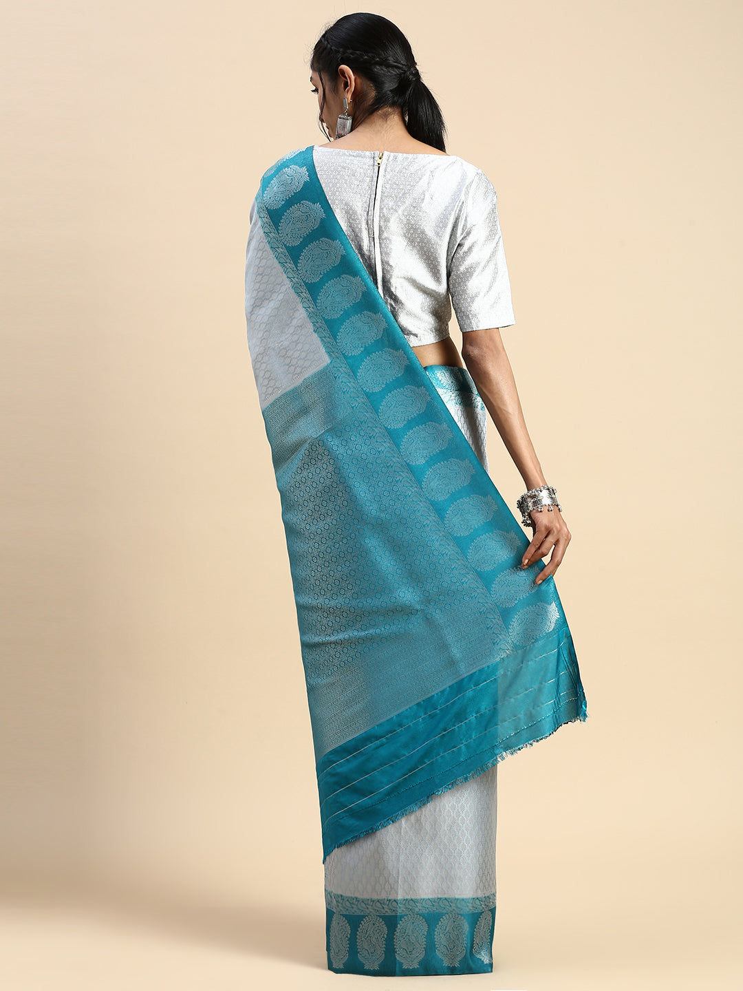 Womens Semi Silk All Over Design Light Grey Saree with Contrast Blue Zari Border ASW03