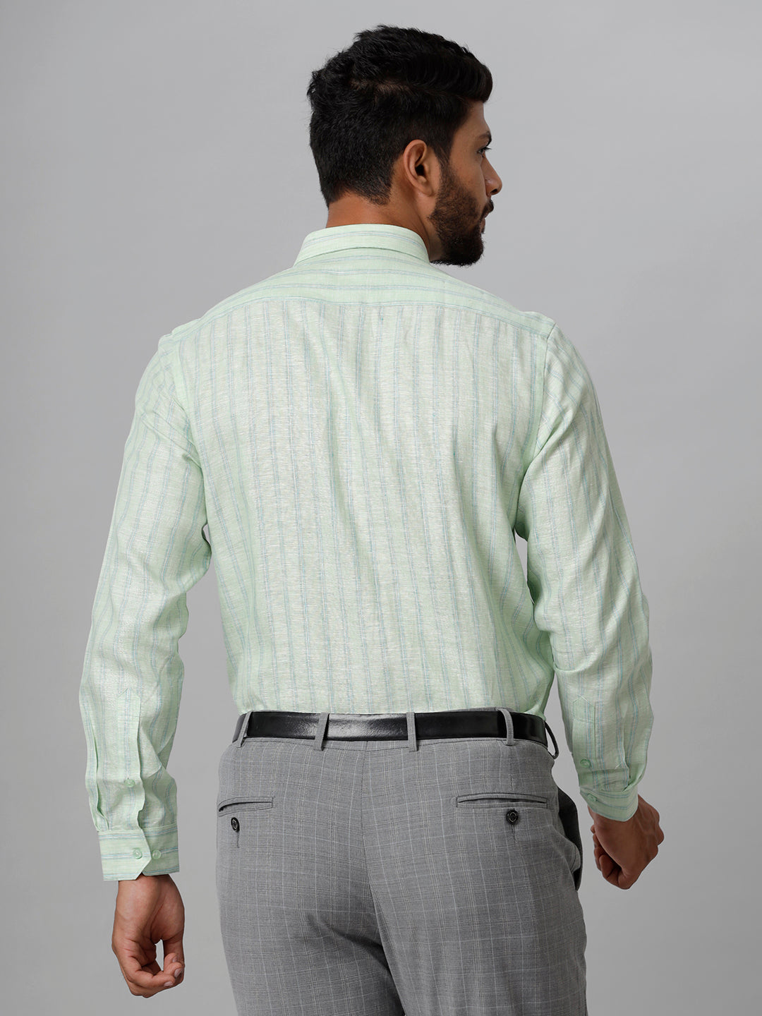 Mens Pure Linen Striped Full Sleeves Pista Green Shirt LS10-Back view