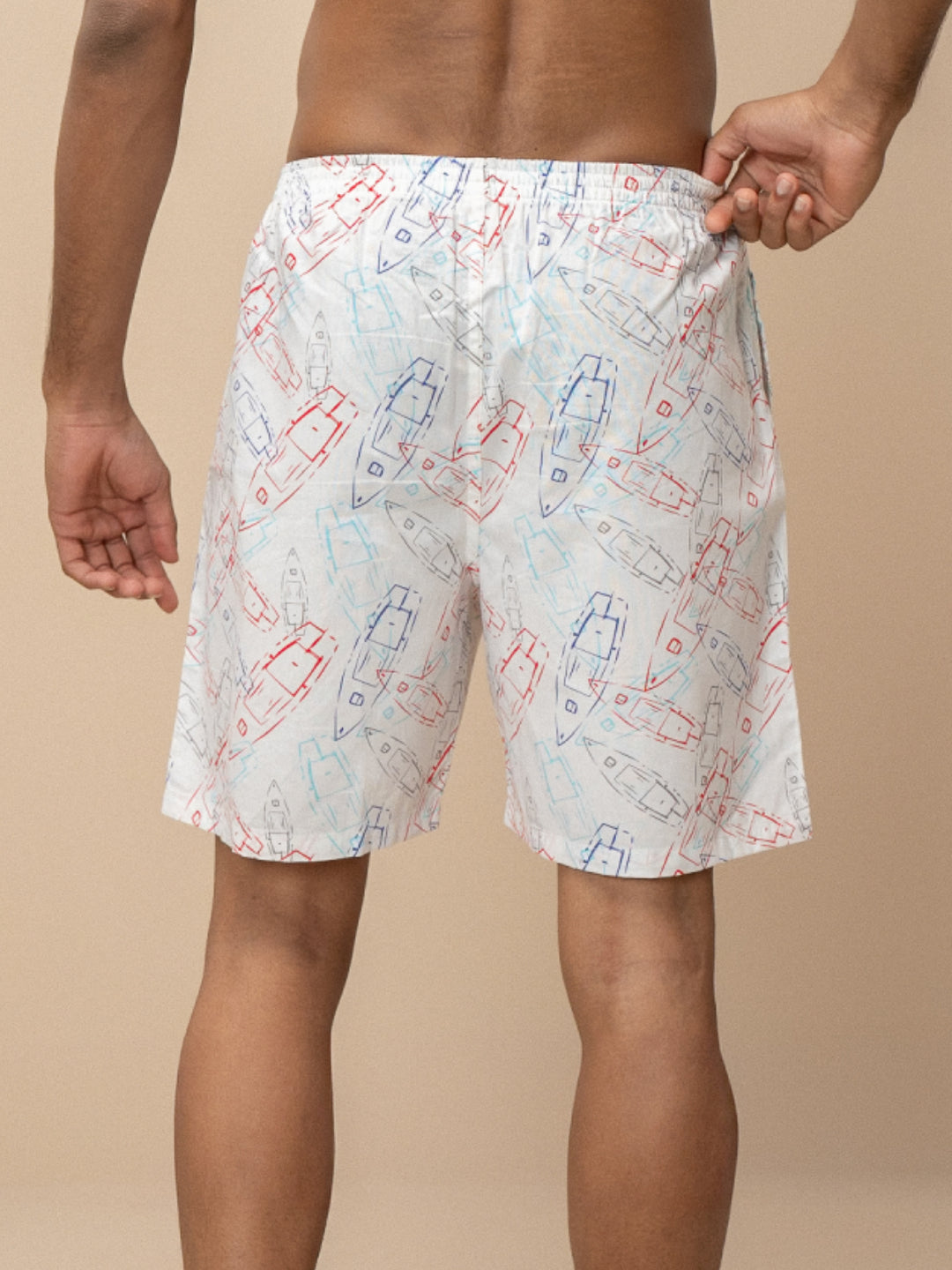 Men 100% Combed Cotton Off White Woven Printed Boxer Long Shorts WB46