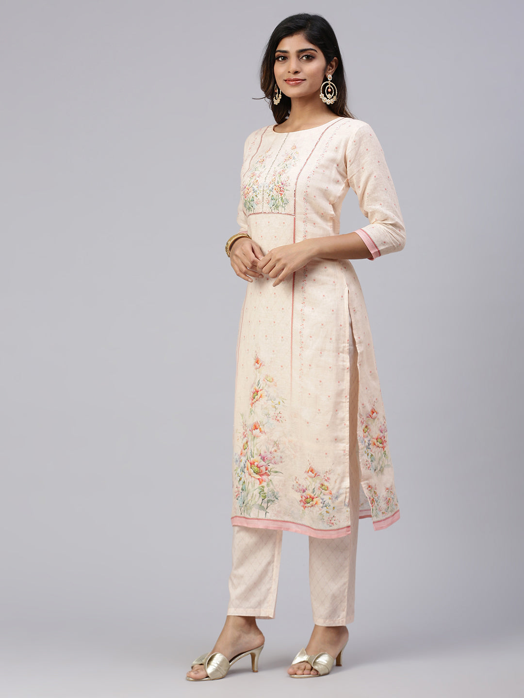 Women Cotton Embroidered Kurti Sets Peach EKS33