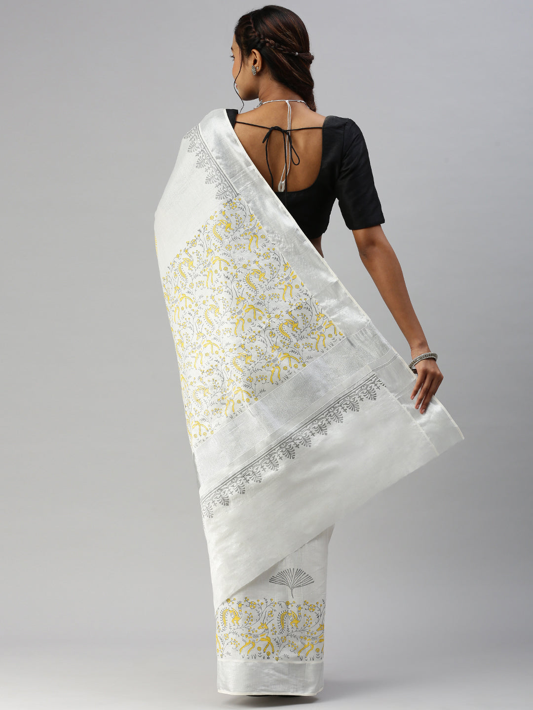 Matching Tissue Jari Dhoti Shirt &  Tissue Jari Saree Couple Combo Silver-Saree back view
