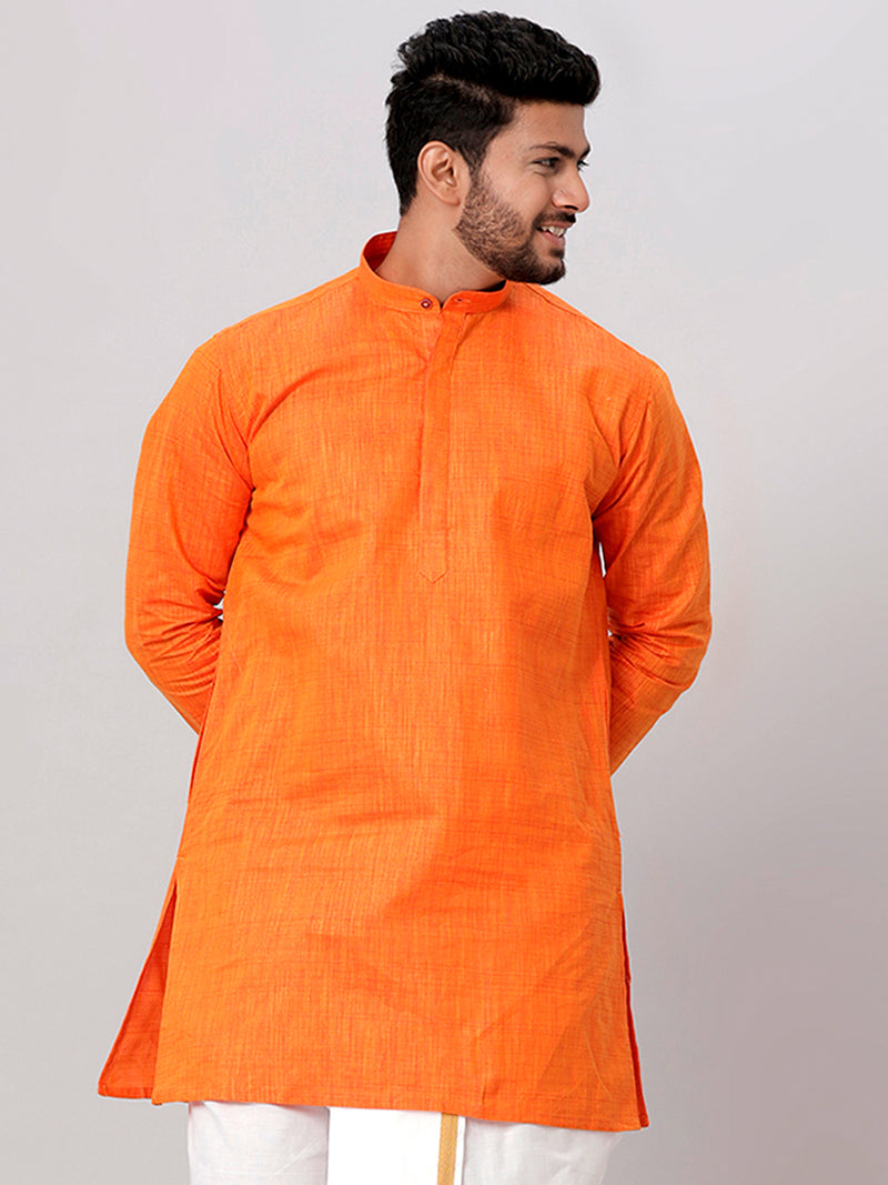 Mens Cotton Full Sleeves Orange Medium Length Pocket Kurta FS3