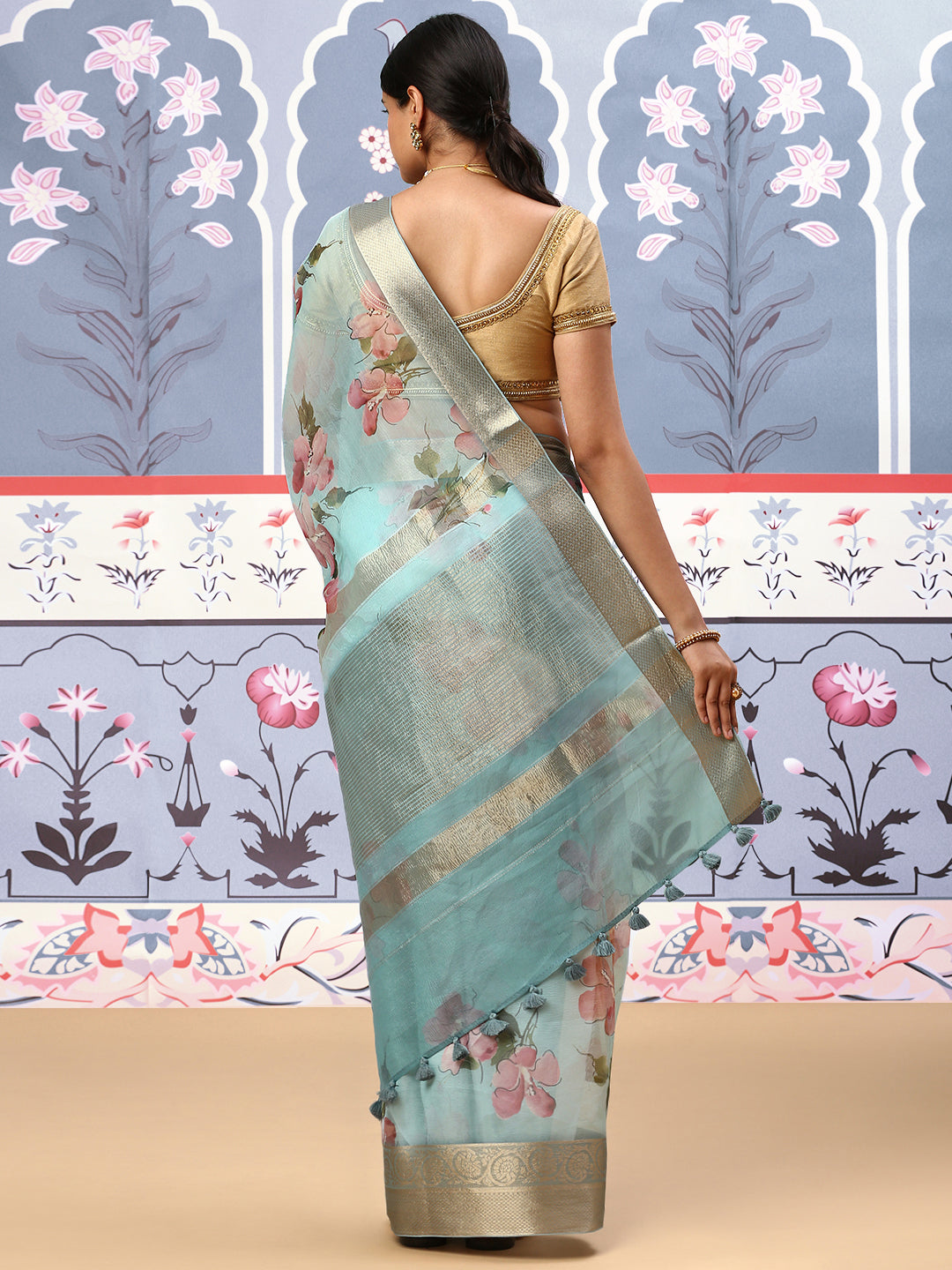 Women Semi Organza Printed Saree Blue SOS25