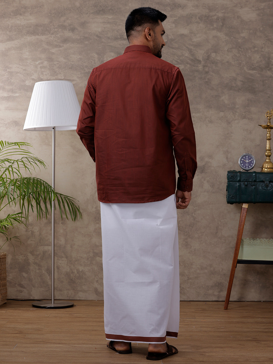 Mens Brown Matching Border Dhoti & Full Sleeves Shirt Set Evolution IC7