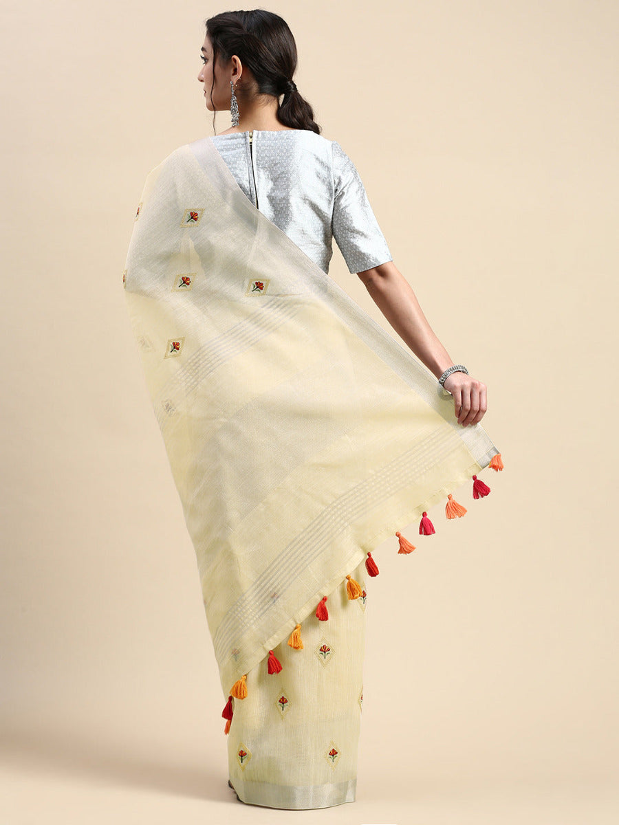 Womens Semi Linen Light Sandal Printed Embroidery Saree SLPE04